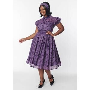 Unique Vintage Corpse Bride Short Sleeve Collared Purple Midi Dress Size Large